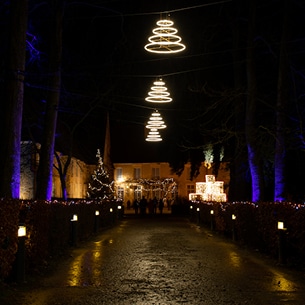 Entrée de l’Abbaye de l’Épau par l’allée des platanes, parée de lumières pour le Voyage lumineux et sonore 2019